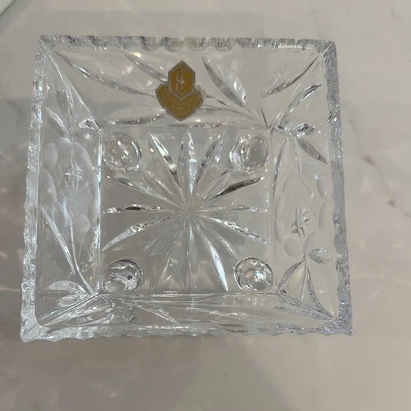 Vintage Lead Crystal Square Candy/Nut Dish with Floral Etched Design - Picture 1 of 6